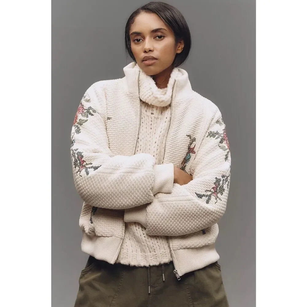 NWT By Anthropologie Embroidered Bomber Cardigan Sweater Size Small